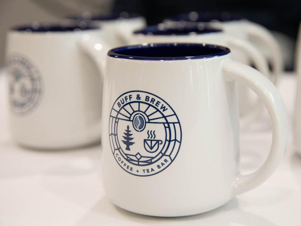 Buff and Brew branded coffee mugs