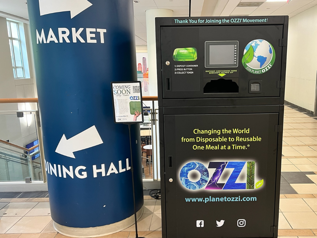 Ozzi reusable container machine in Shenkman Hall