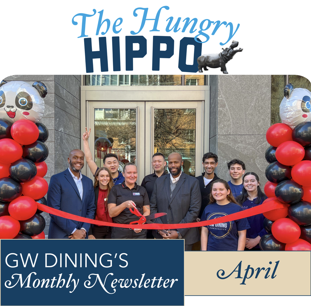 The Hungry Hippo: GW Dining's Monthly Newsletter for April, photo shows Panda Express ribbon cutting ceremony