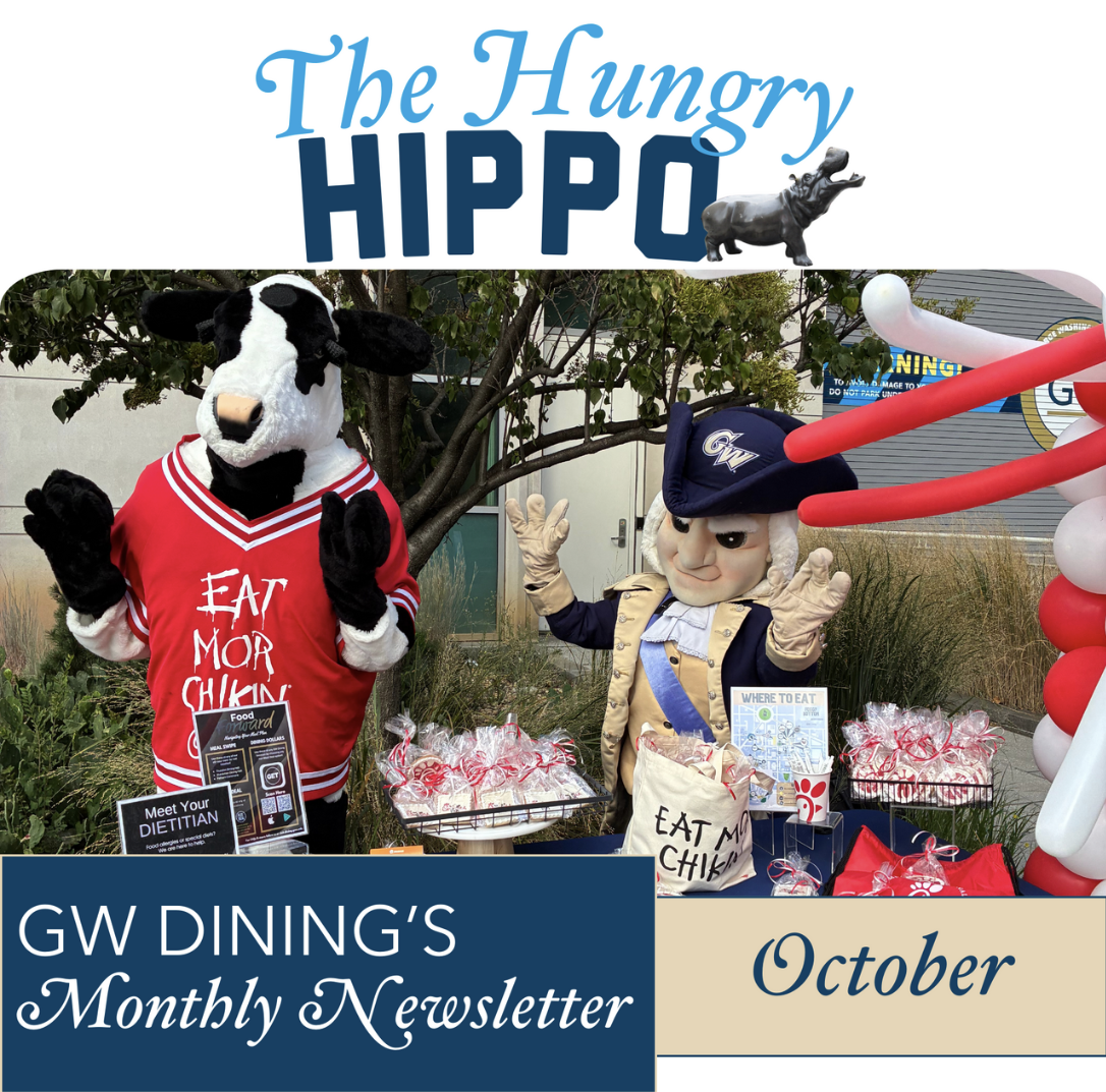 The Hungry Hippo, GW Dining's Monthly Newsletter for October, photo shows Chick-fil-A Cow and George Mascots