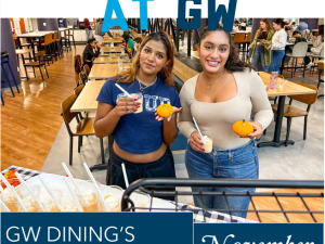 We Eat at GW: GW Dining's Monthly Newsletter for November, photo shows two students smiling with pumpkins