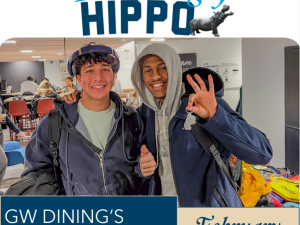The Hungry Hippo: GW Dining's Monthly Newsletter for February, photo shows two students smiling at Thurston Dining Hall