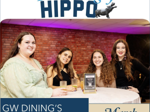 The Hungry Hippo GW Dining's Monthly Newsletter for March, photo shows four students smiling at Supper Club event
