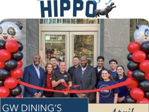 The Hungry Hippo: GW Dining's Monthly Newsletter for April, photo shows Panda Express ribbon cutting ceremony