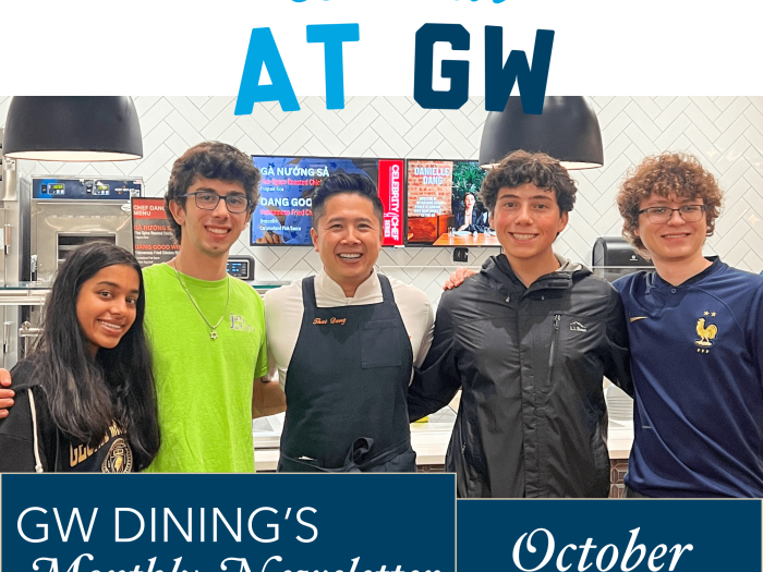 We Eat At GW: GW Dining's Monthly Newsletter for October, 4 students standing and smiling with Celebrity Chef Thai Deng at Teaching Kitchen event