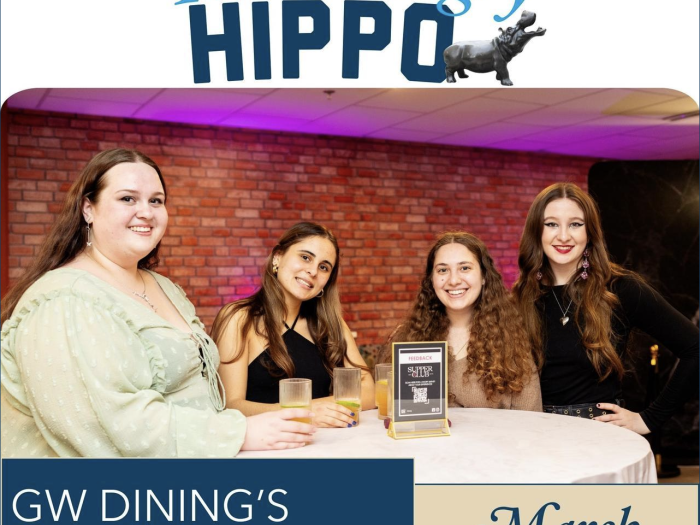 The Hungry Hippo GW Dining's Monthly Newsletter for March, photo shows four students smiling at Supper Club event