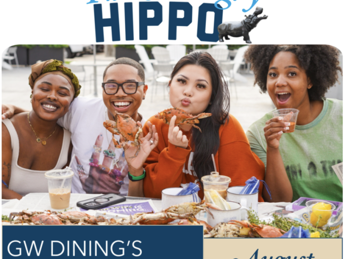 The Hungry Hippo Newsletter for August with four students at crab boil event