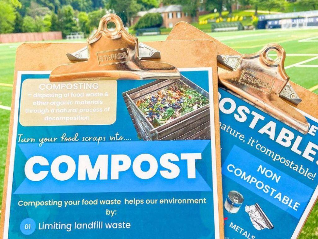 Clip boards with information about composting at GW